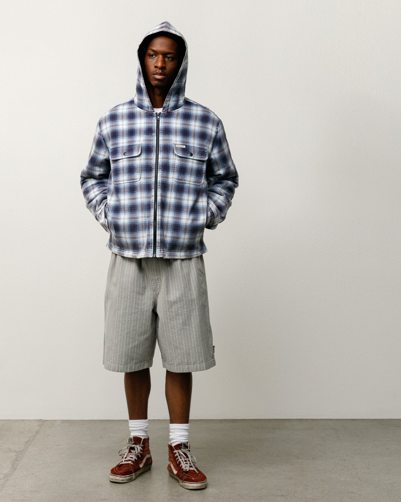 ZIP HOODED PLAID SHIRT